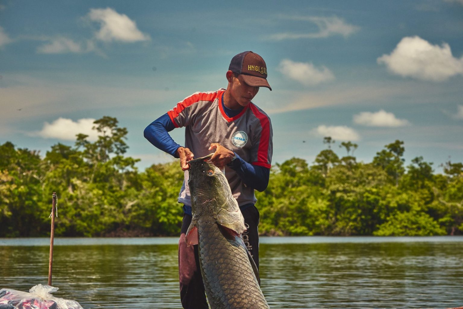 Homem pescando pirarucu, peixe típico da Amazônia, através do manejo sustentável apoiado pelo programa Floresta em Pé da Fundação Amazônia Sustentável (FAS).